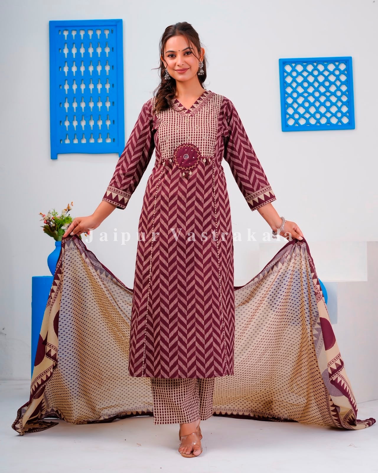 Maroon Ikkat Strokes Cotton Dupatta Set