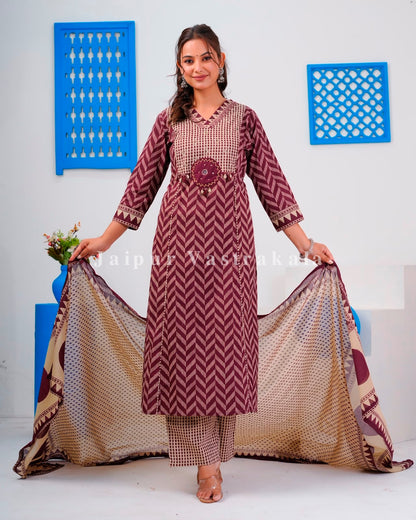 Maroon Ikkat Strokes Cotton Dupatta Set