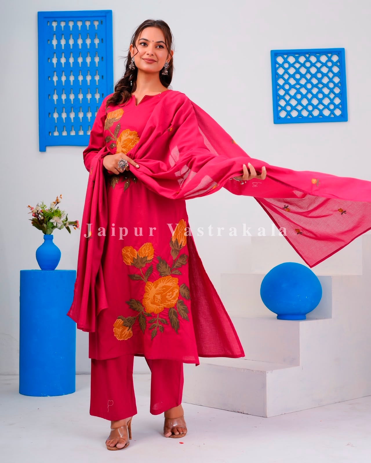 Magenta Flower Mosaic Cotton Dupatta Set