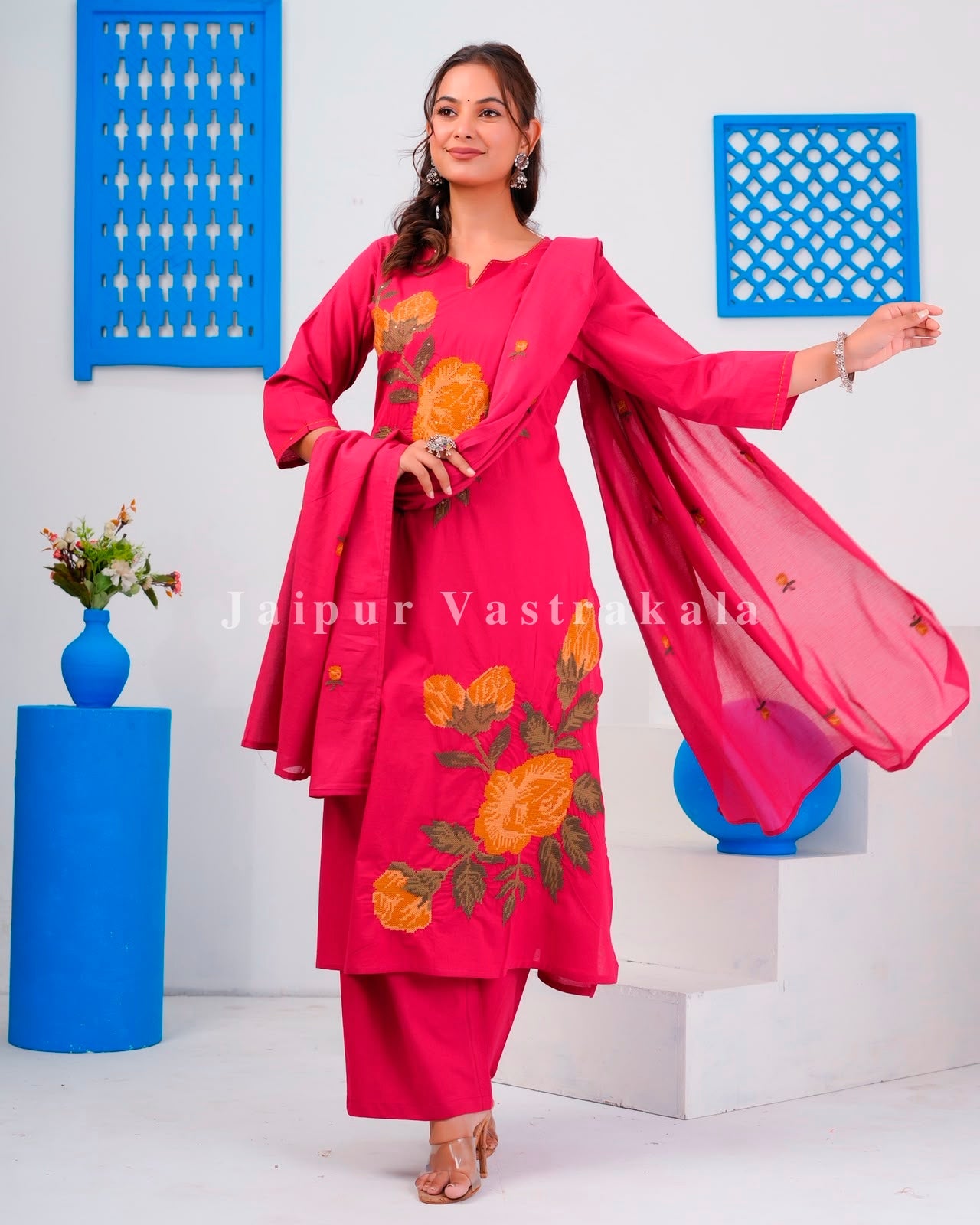 Magenta Flower Mosaic Cotton Dupatta Set