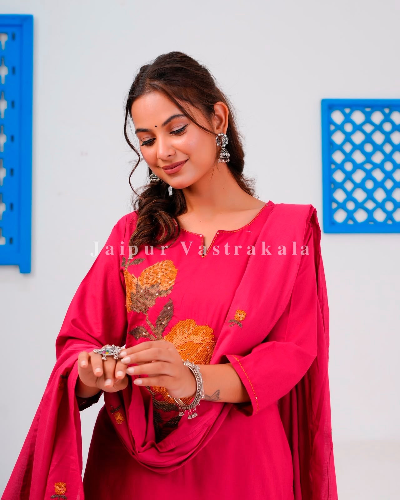 Magenta Flower Mosaic Cotton Dupatta Set