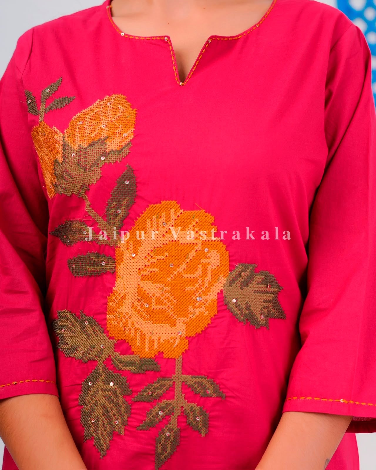 Magenta Flower Mosaic Cotton Dupatta Set