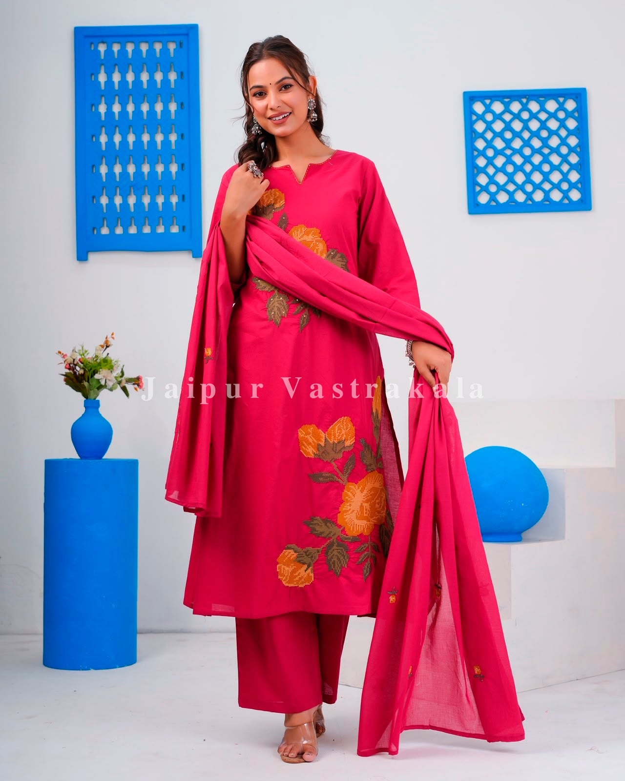 Magenta Flower Mosaic Cotton Dupatta Set