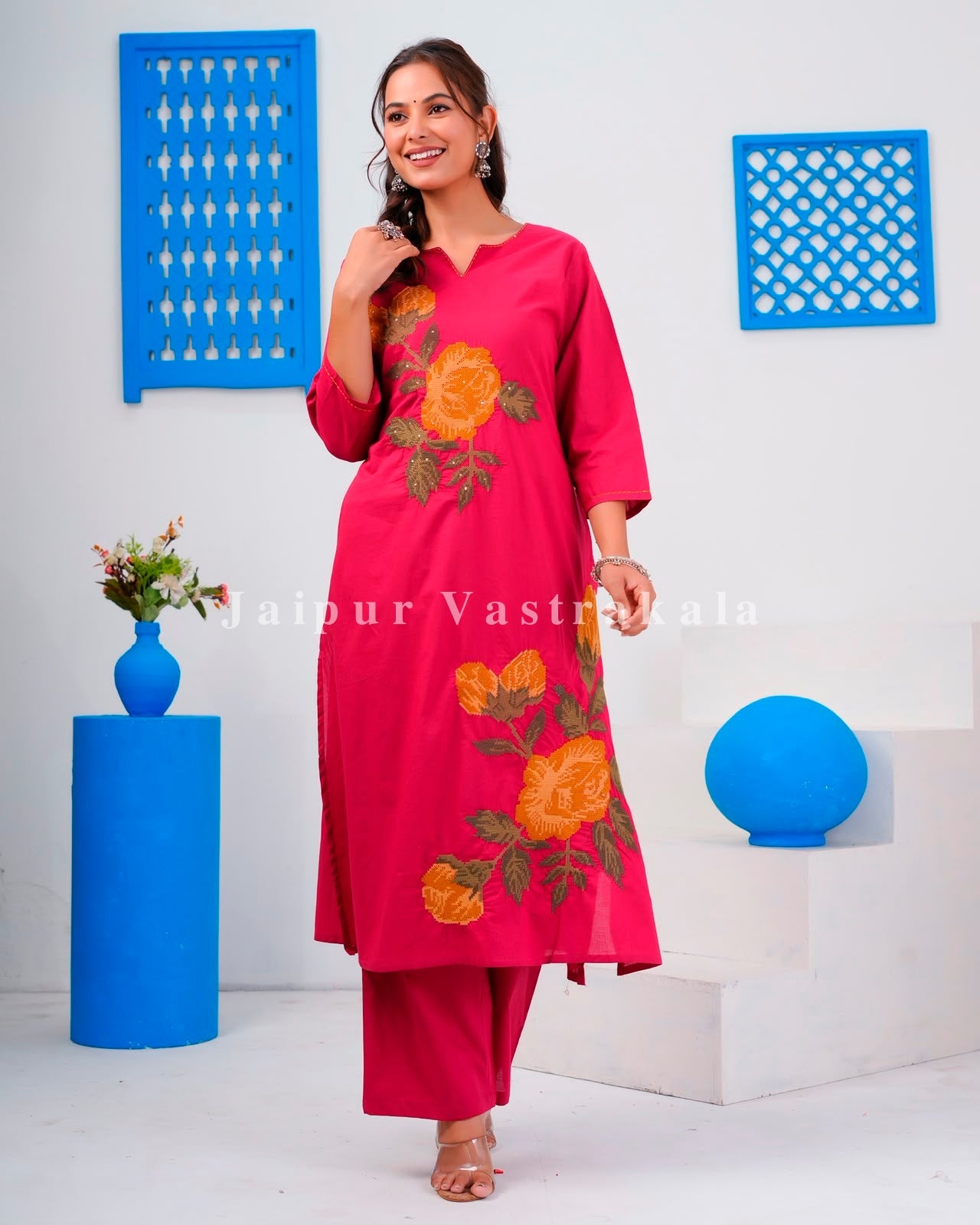 Magenta Flower Mosaic Cotton Dupatta Set
