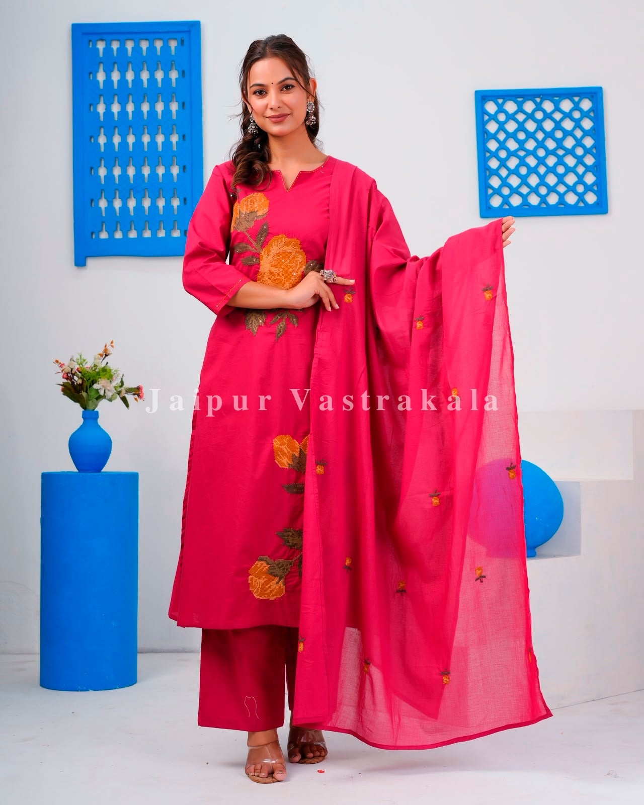 Magenta Flower Mosaic Cotton Dupatta Set