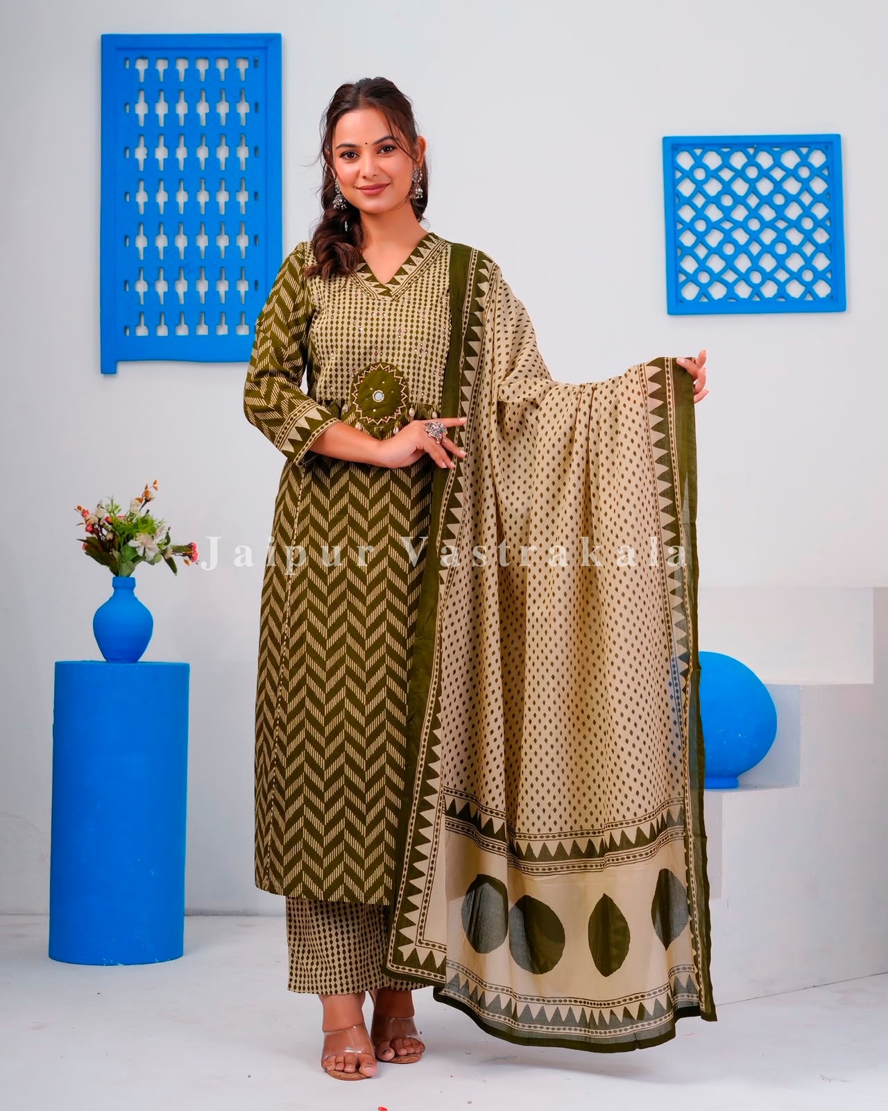 Olive Ikkat Strokes Cotton Dupatta Set