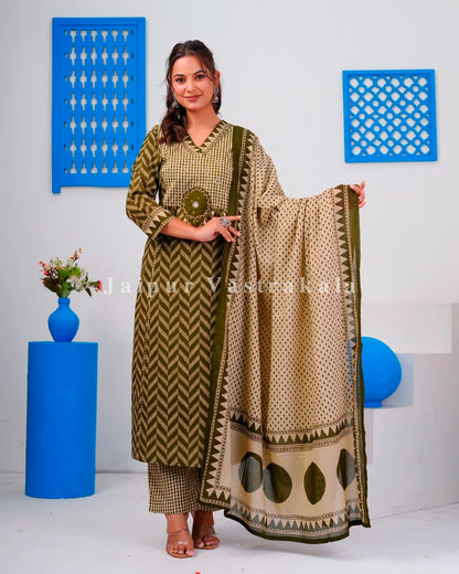 Olive Ikkat Strokes Cotton Dupatta Set