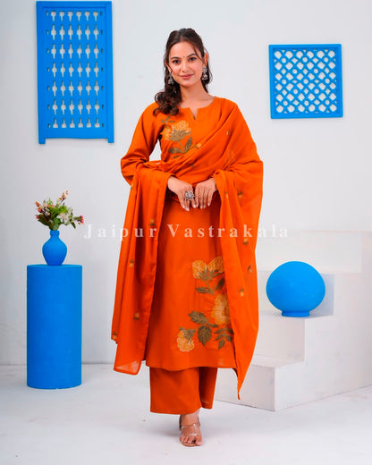 Rust Flower Mosaic Cotton Dupatta Set