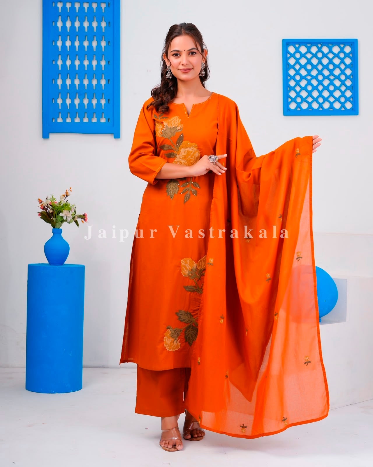 Rust Flower Mosaic Cotton Dupatta Set