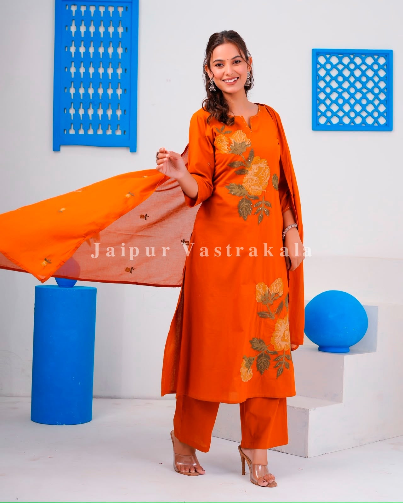 Rust Flower Mosaic Cotton Dupatta Set