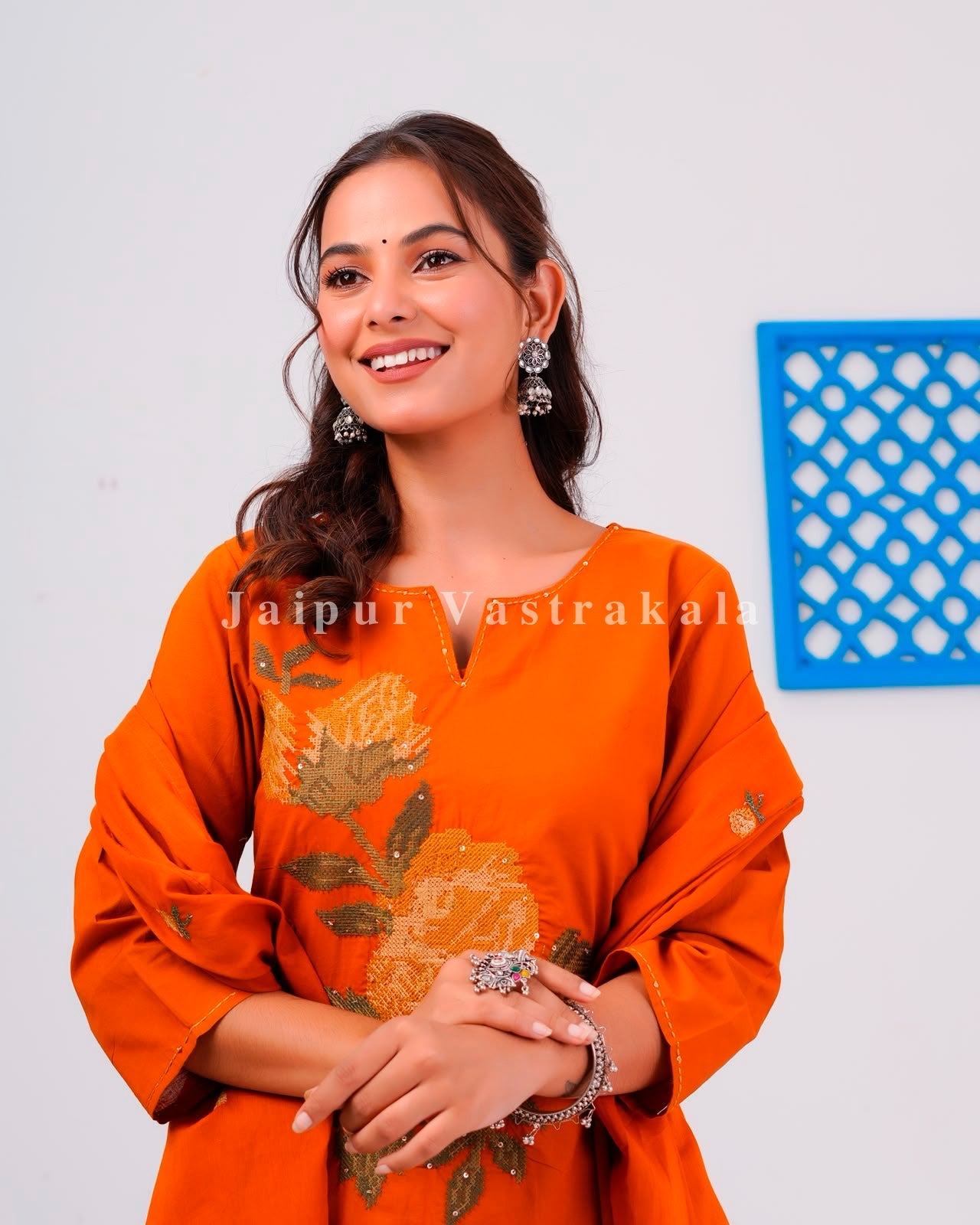 Rust Flower Mosaic Cotton Dupatta Set
