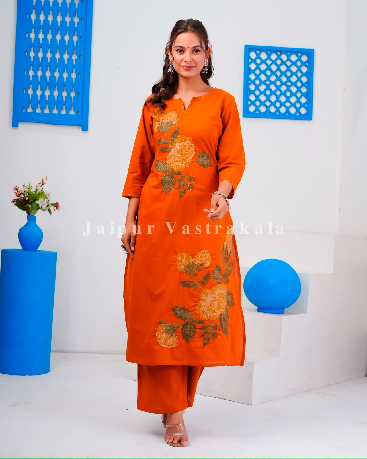 Rust Flower Mosaic Cotton Dupatta Set
