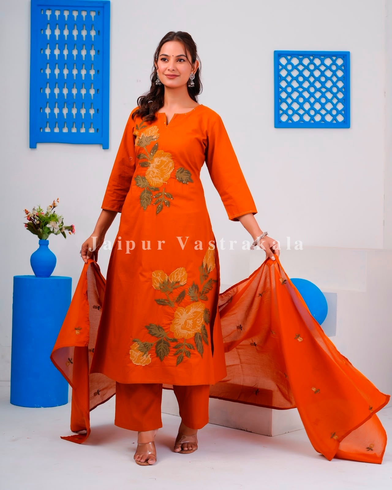 Rust Flower Mosaic Cotton Dupatta Set
