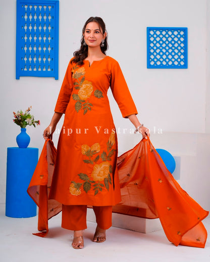 Rust Flower Mosaic Cotton Dupatta Set