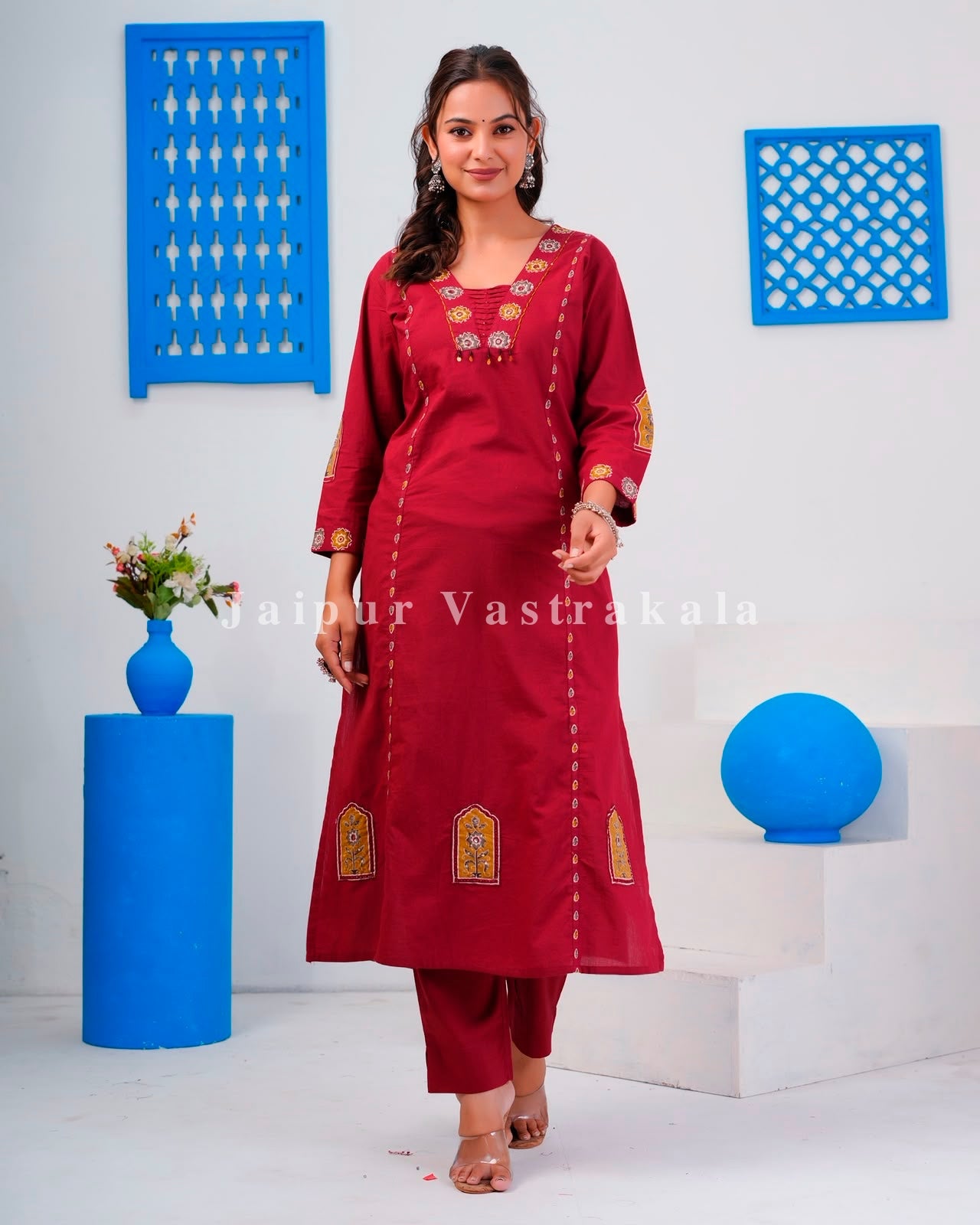 Maroon Jarokha Detailing Cotton Dupatta Set