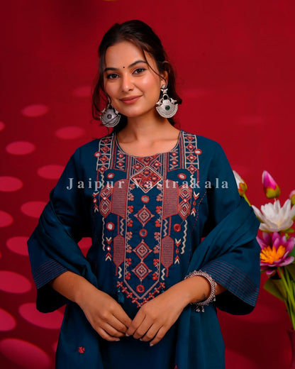 Blue Maze Embroidery Flex Cotton Dupatta Set