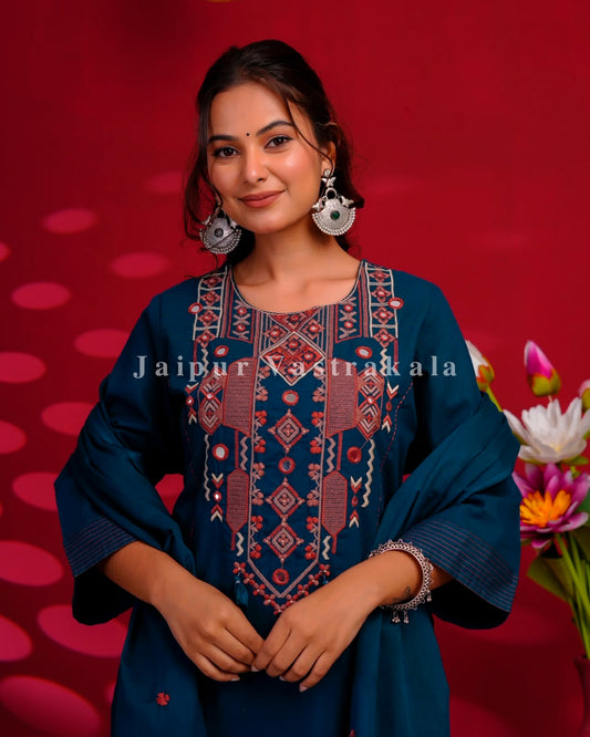 Blue Maze Embroidery Flex Cotton Dupatta Set