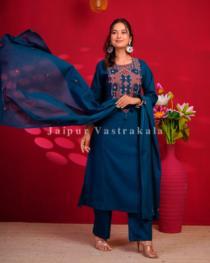 Blue Maze Embroidery Flex Cotton Dupatta Set