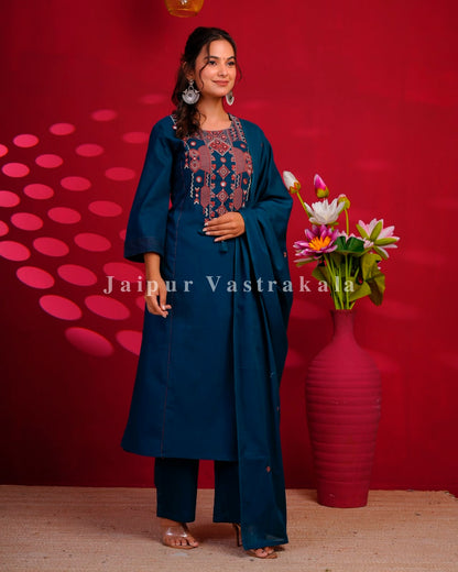 Blue Maze Embroidery Flex Cotton Dupatta Set