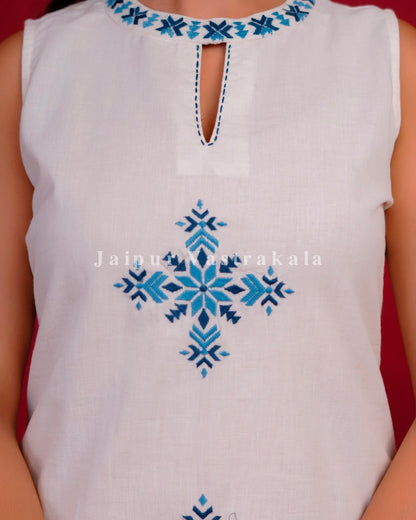 White Tiles Sleeveless Flex Cotton Dupatta Set