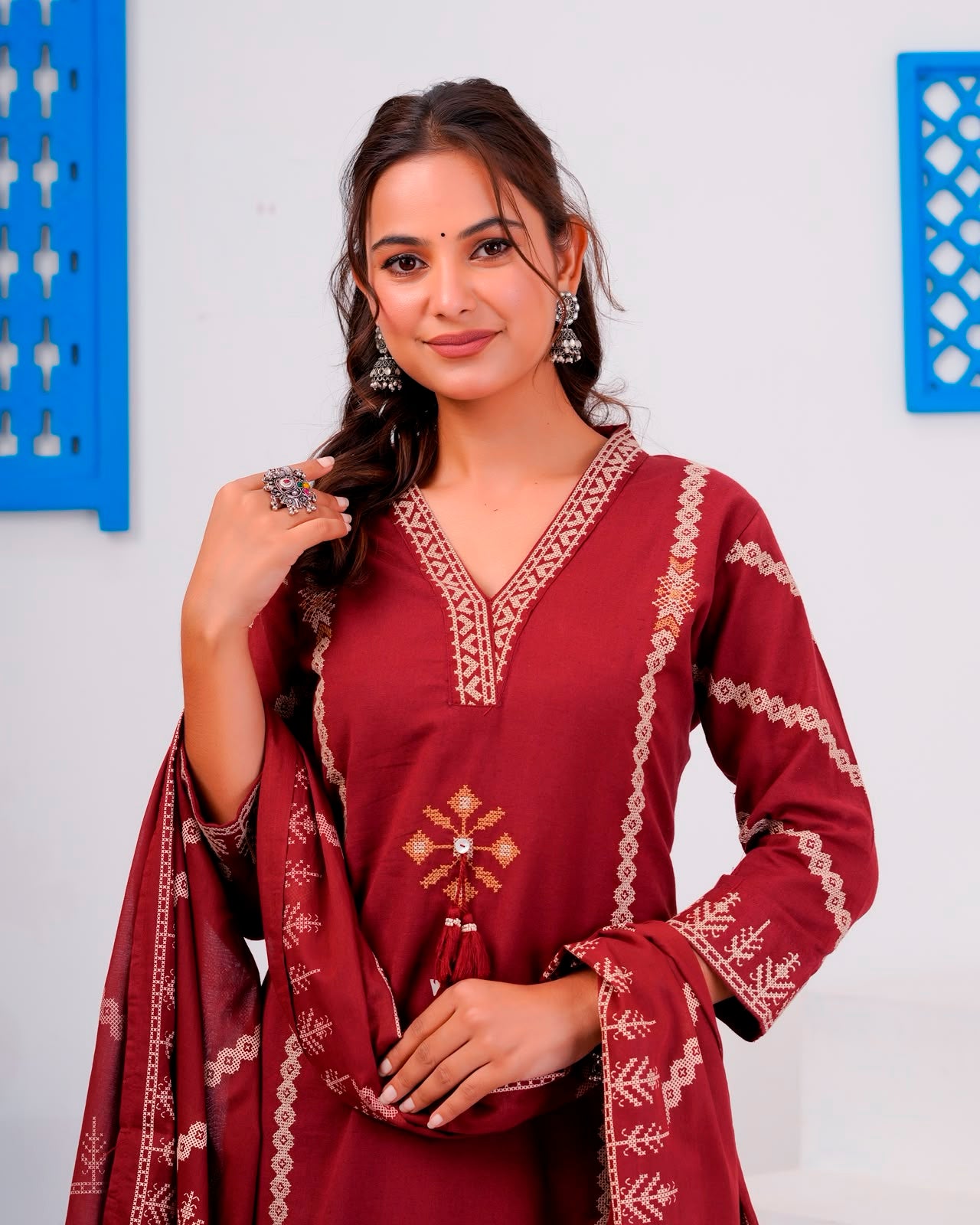 Maroon Embroidery Flex Cotton Dupatta Set