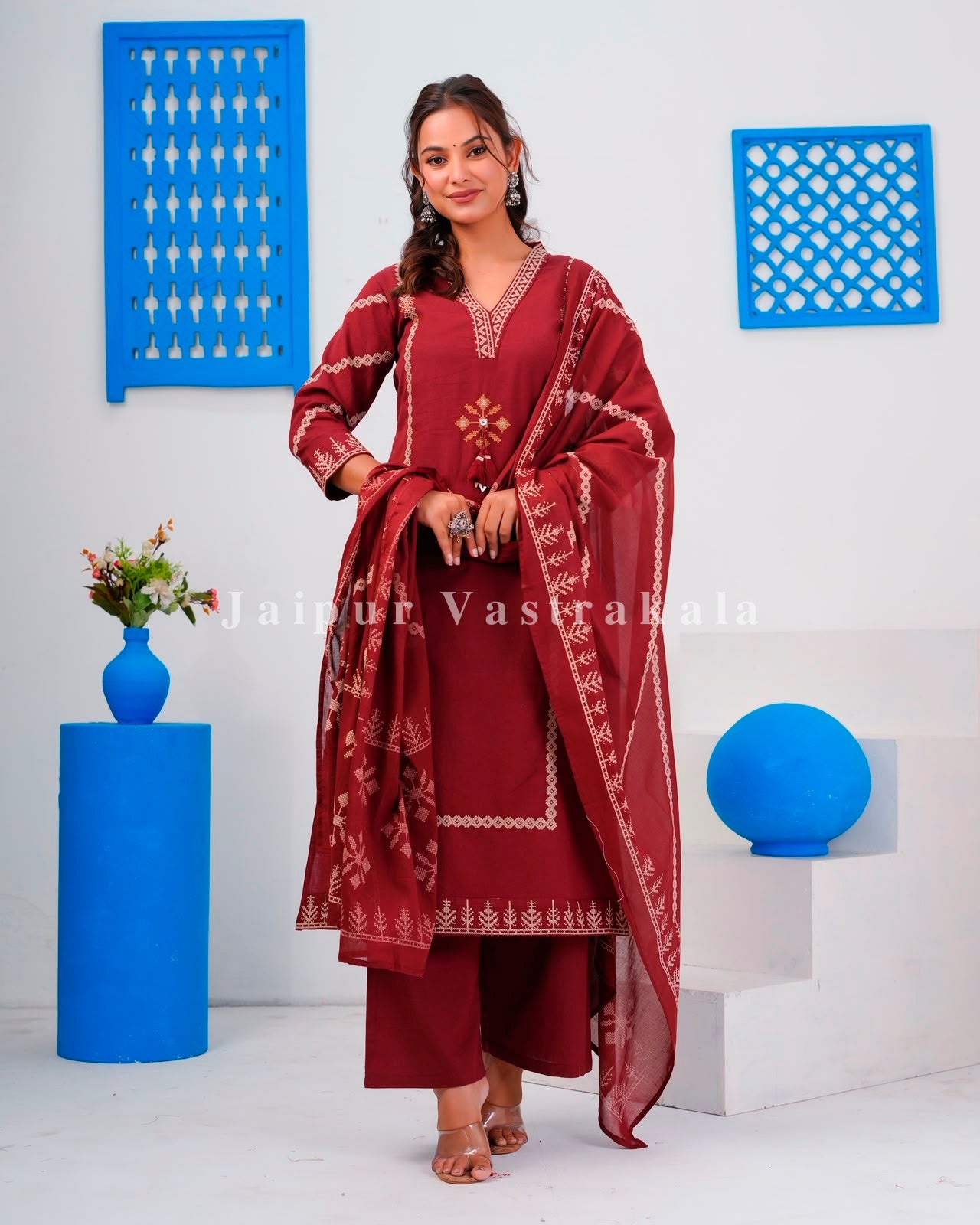 Maroon Embroidery Flex Cotton Dupatta Set