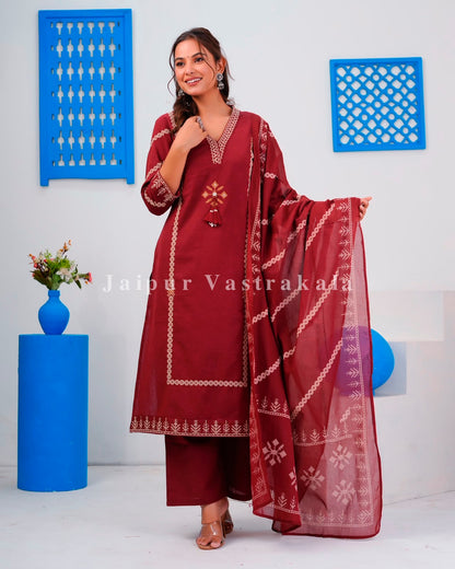 Maroon Embroidery Flex Cotton Dupatta Set