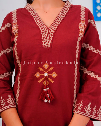 Maroon Embroidery Flex Cotton Dupatta Set