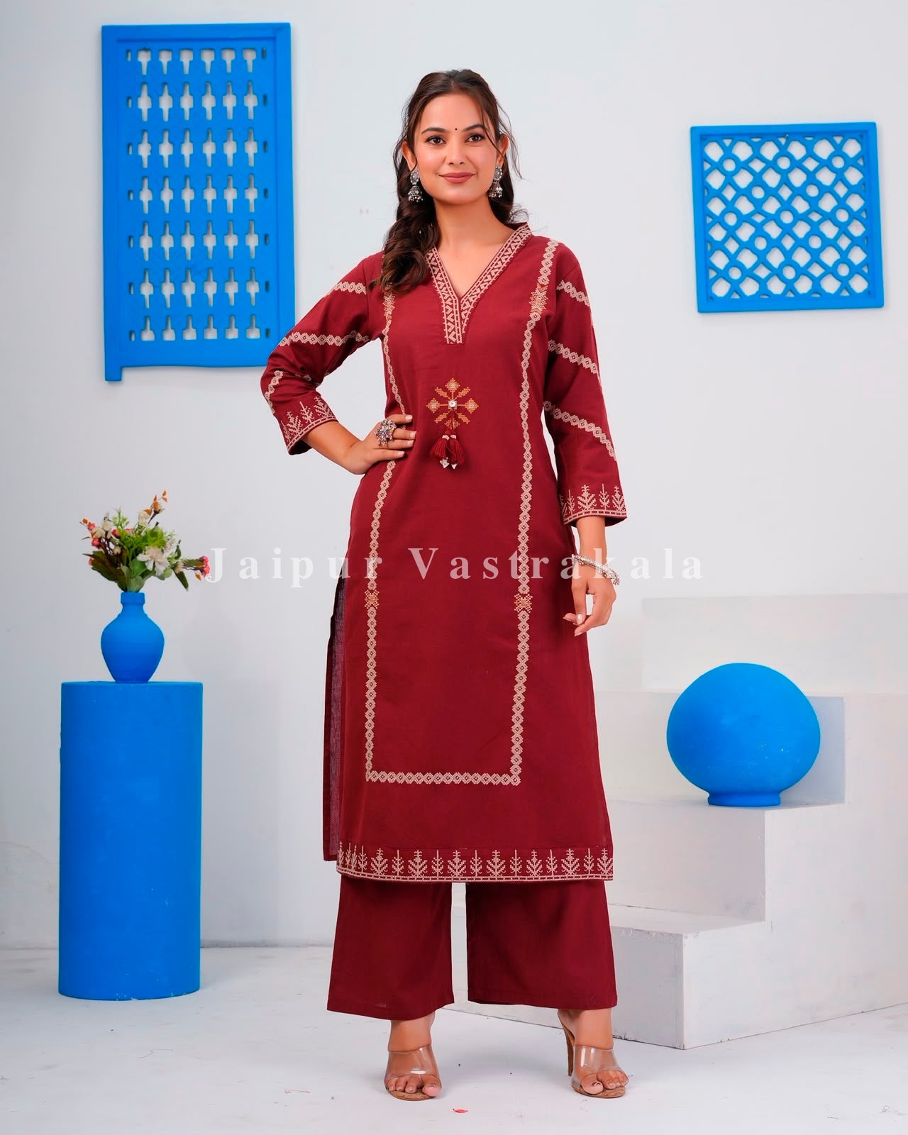 Maroon Embroidery Flex Cotton Dupatta Set