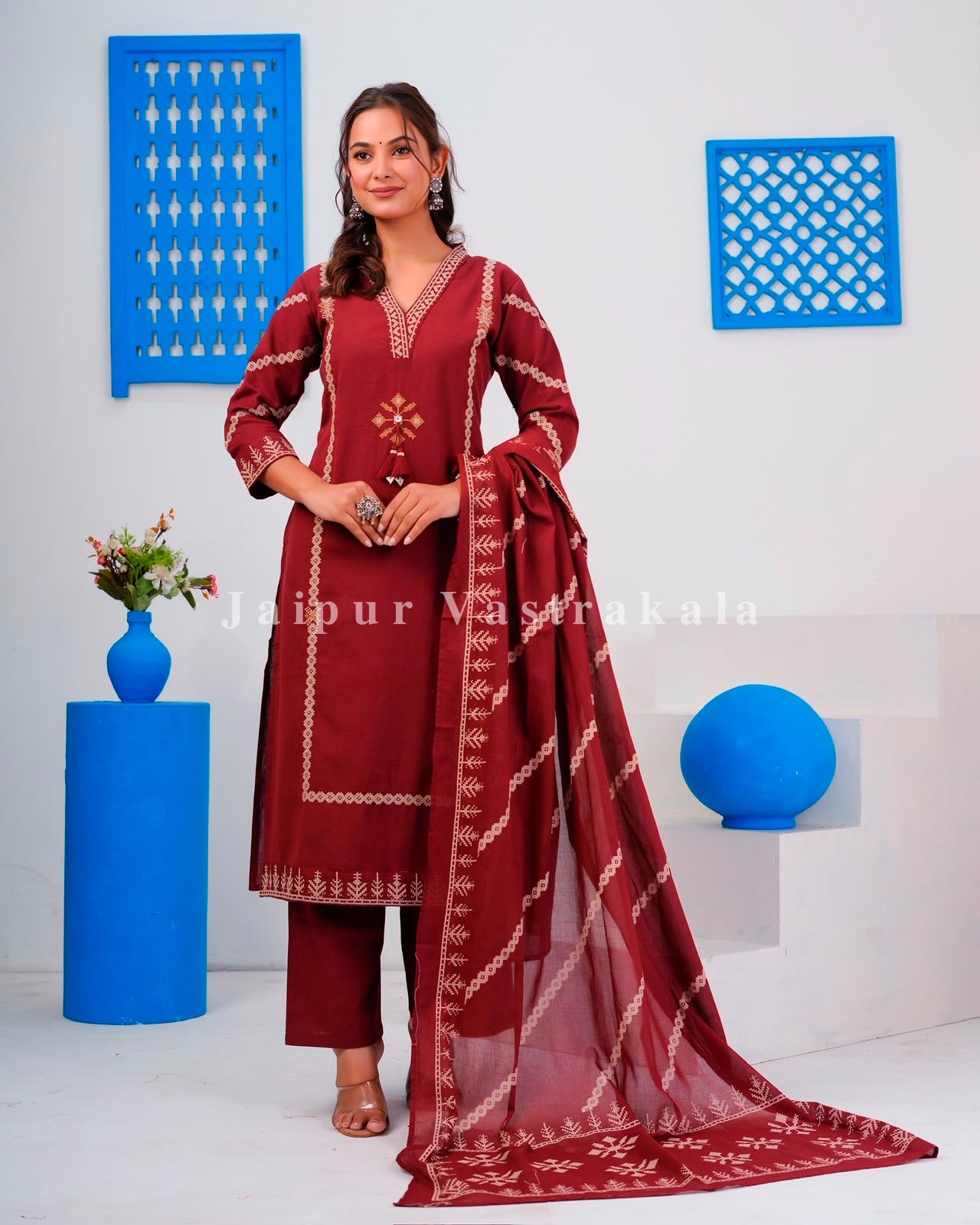 Maroon Embroidery Flex Cotton Dupatta Set