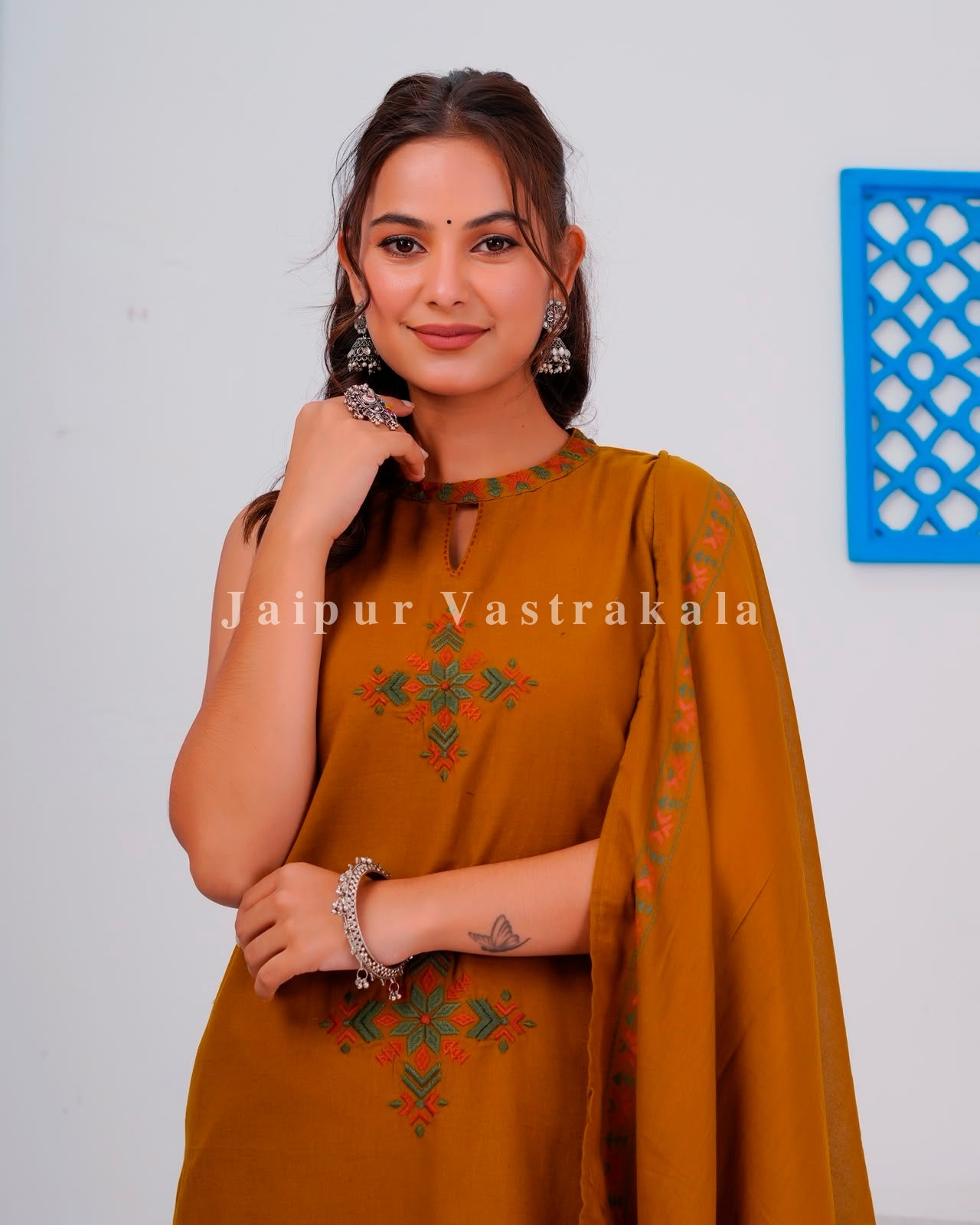 Mustard Tiles Sleeveless Flex Cotton Dupatta Set
