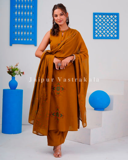 Mustard Tiles Sleeveless Flex Cotton Dupatta Set