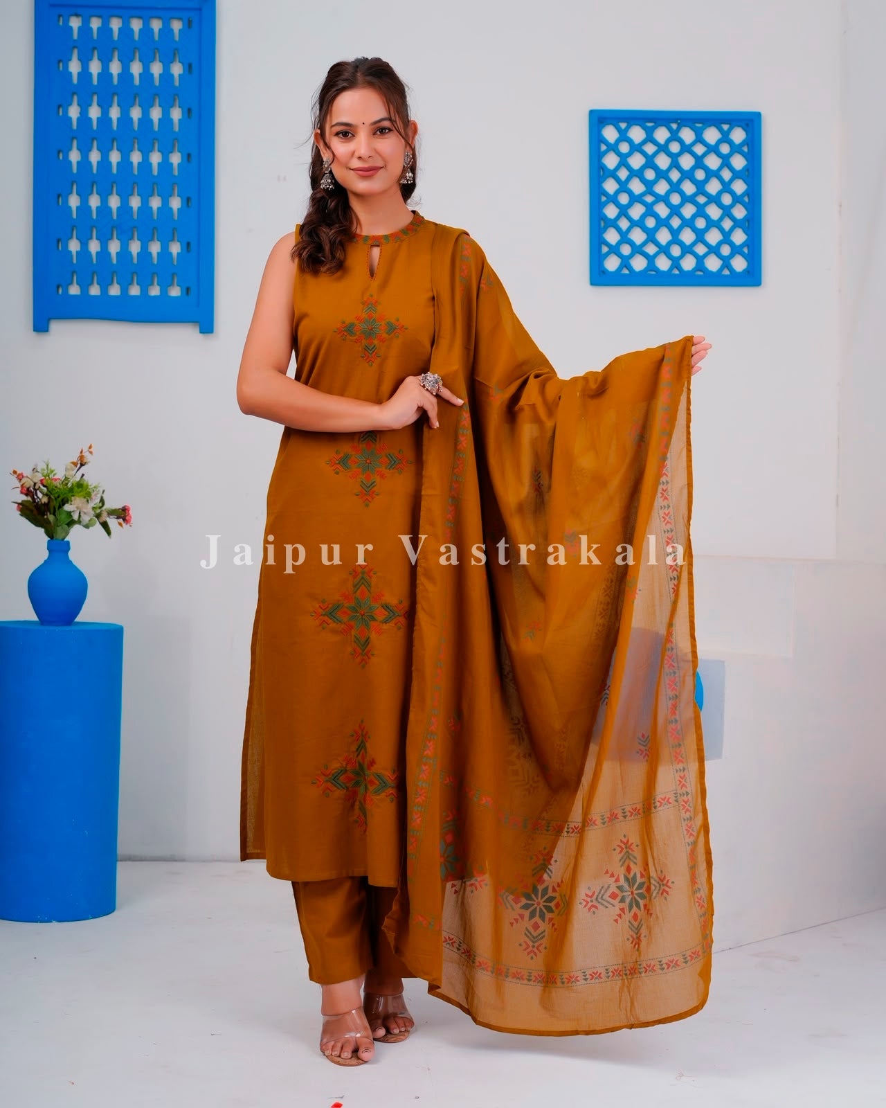 Mustard Tiles Sleeveless Flex Cotton Dupatta Set