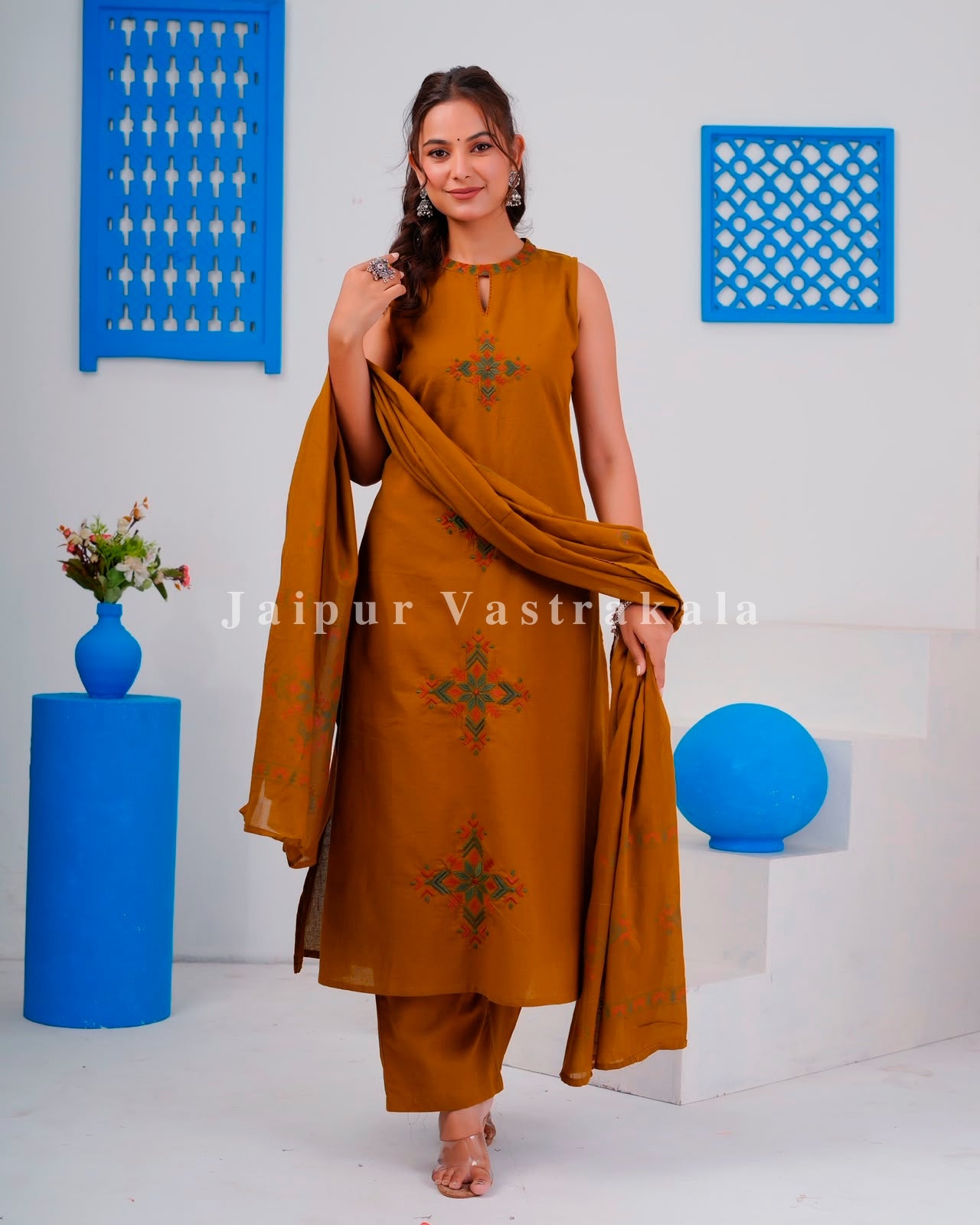 Mustard Tiles Sleeveless Flex Cotton Dupatta Set