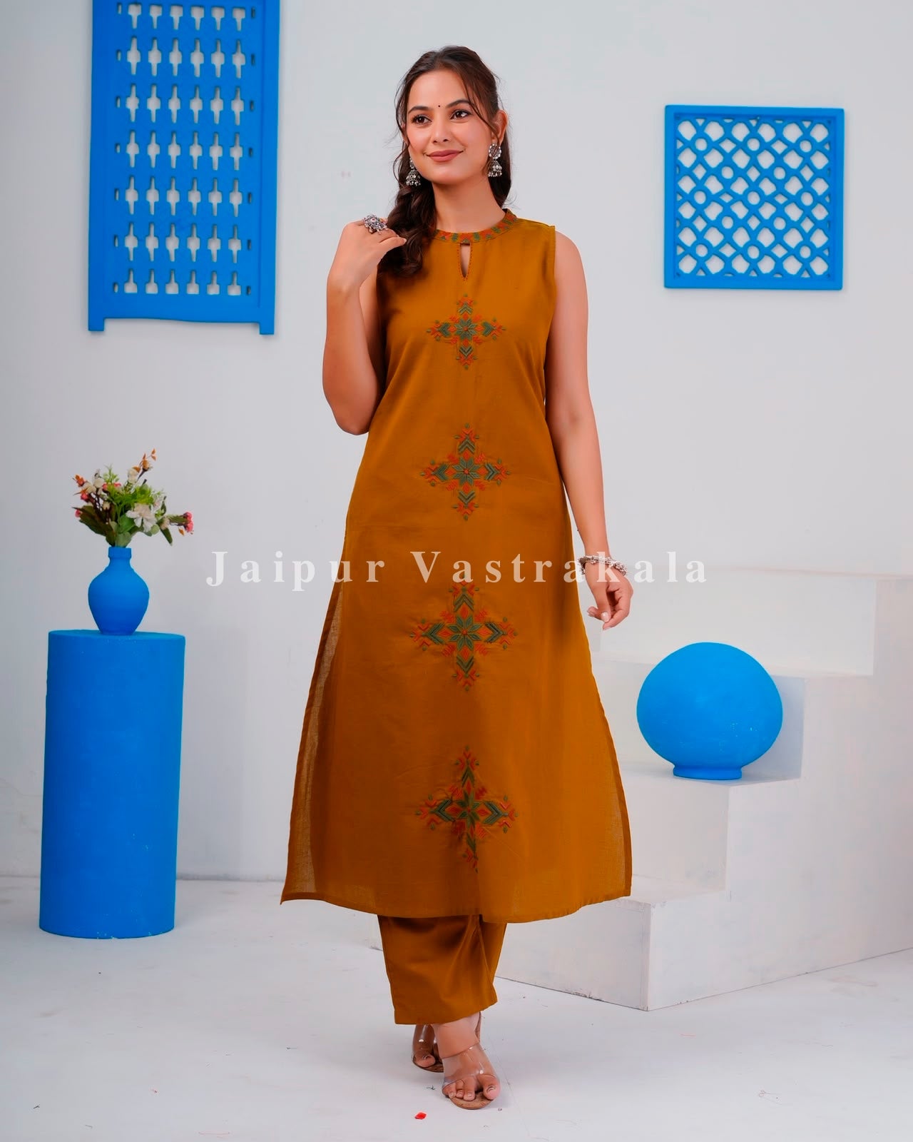 Mustard Tiles Sleeveless Flex Cotton Dupatta Set
