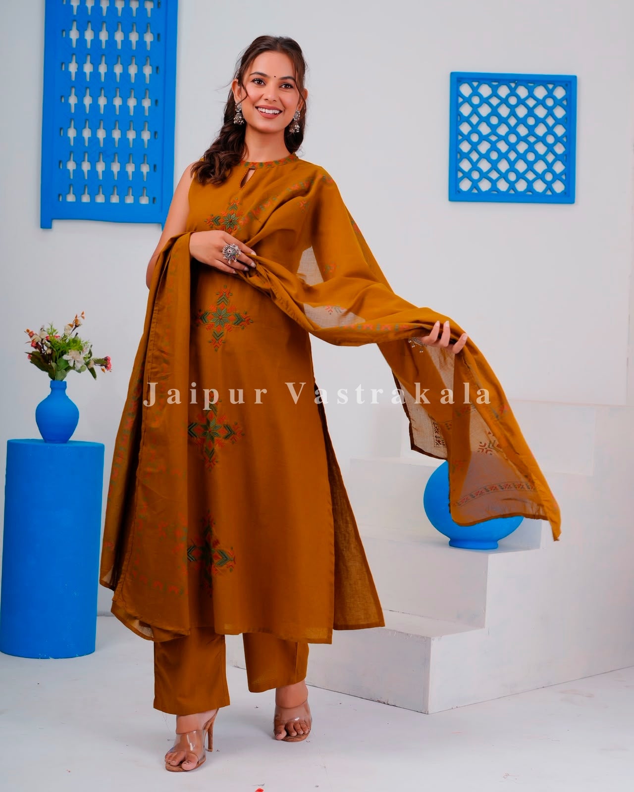 Mustard Tiles Sleeveless Flex Cotton Dupatta Set