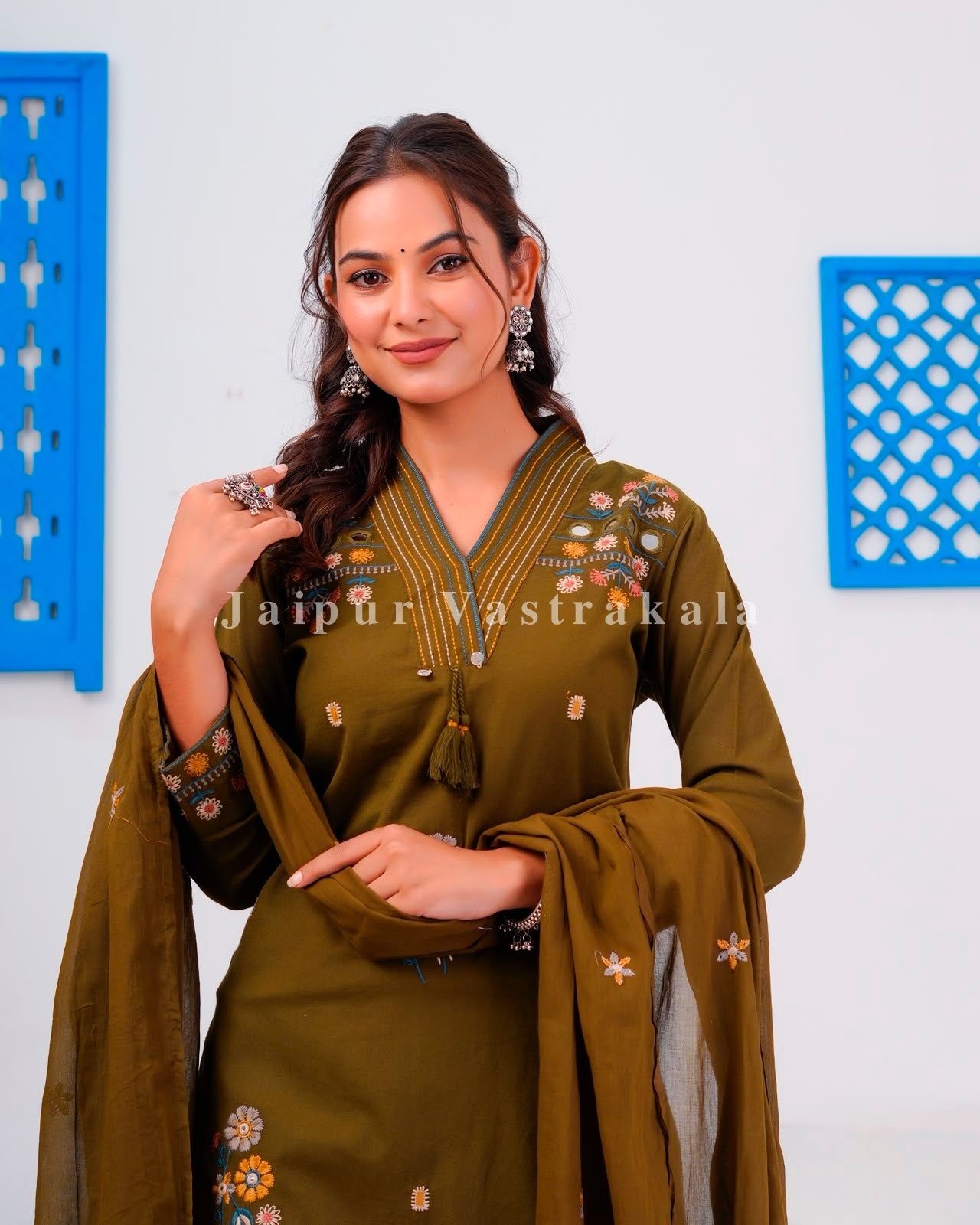Olive Boota Embroidery Flex Cotton Dupatta Set