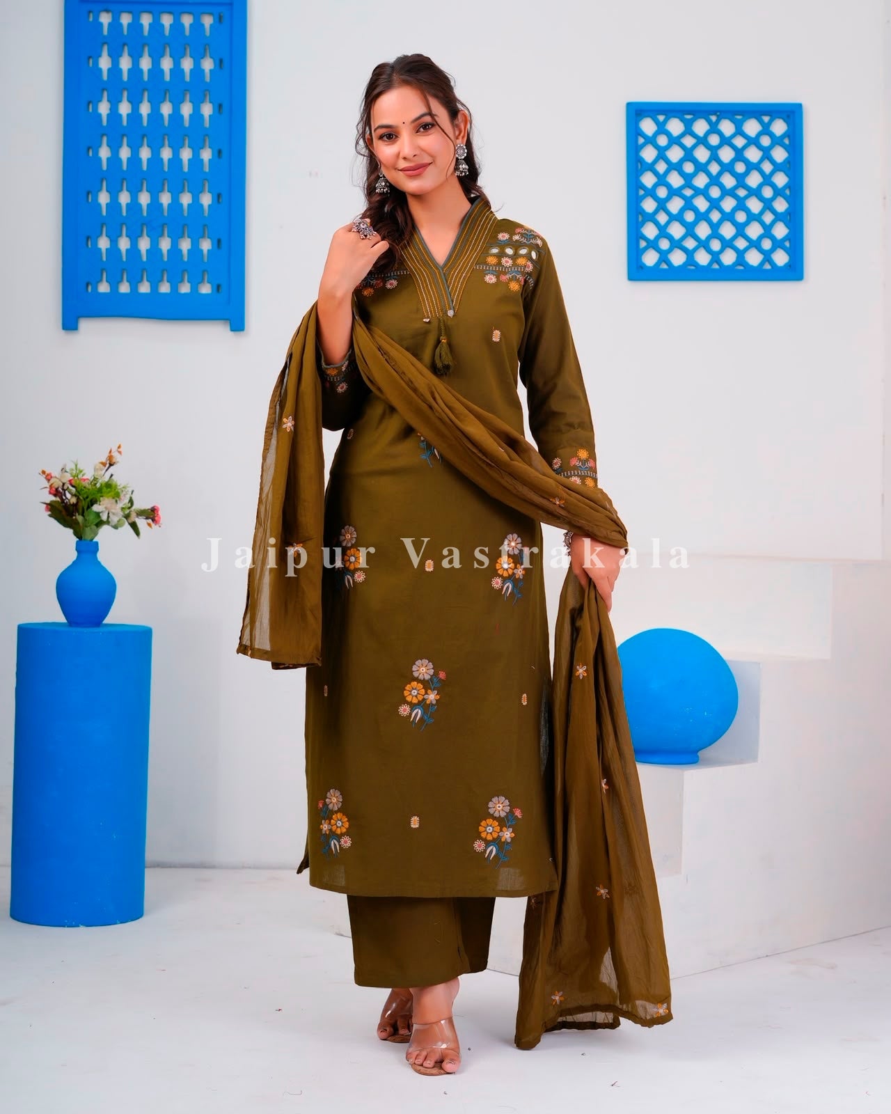 Olive Boota Embroidery Flex Cotton Dupatta Set