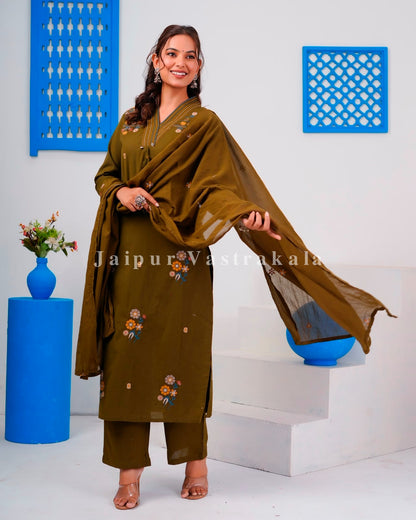Olive Boota Embroidery Flex Cotton Dupatta Set
