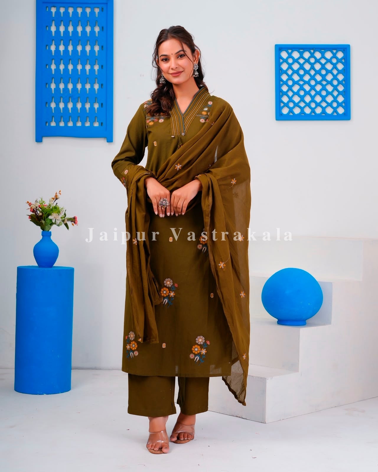 Olive Boota Embroidery Flex Cotton Dupatta Set