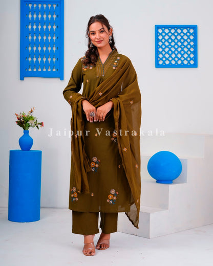 Olive Boota Embroidery Flex Cotton Dupatta Set