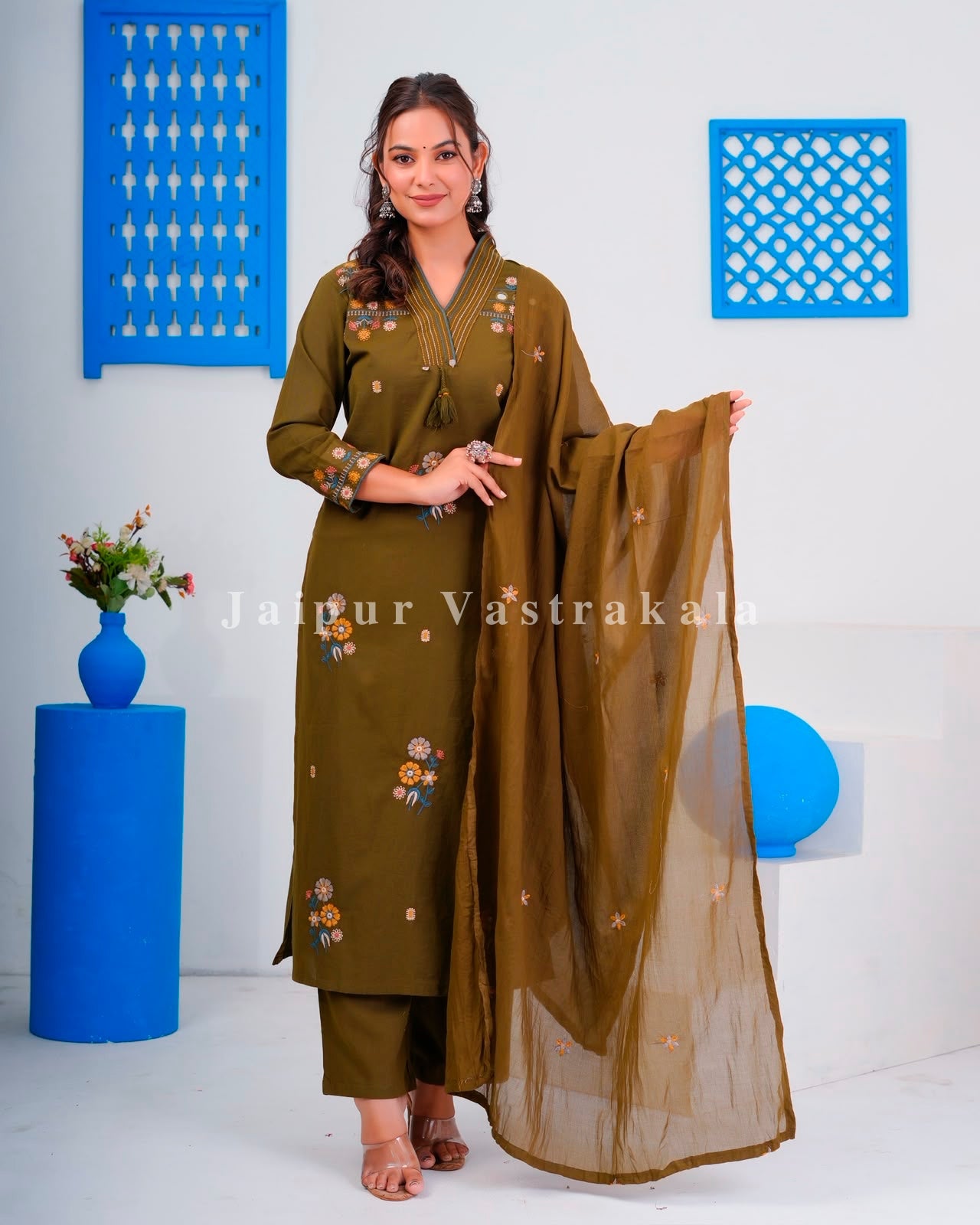 Olive Boota Embroidery Flex Cotton Dupatta Set
