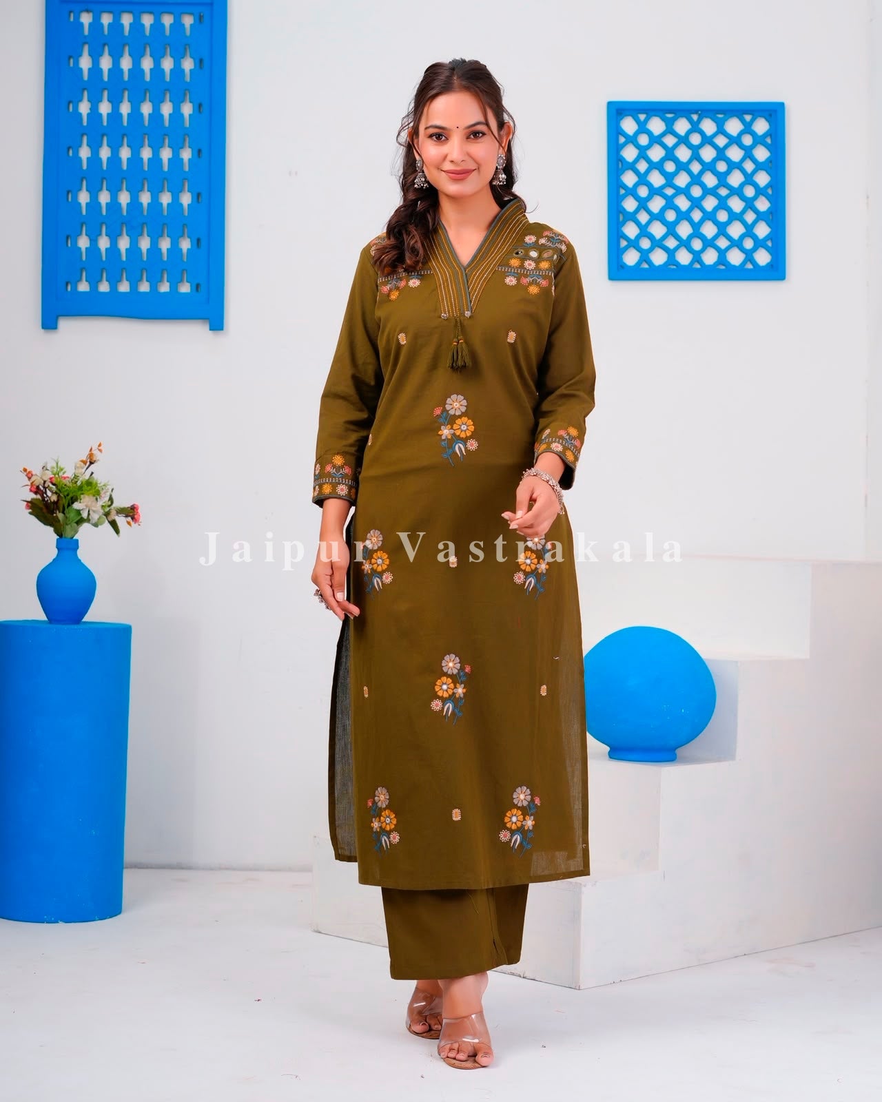 Olive Boota Embroidery Flex Cotton Dupatta Set