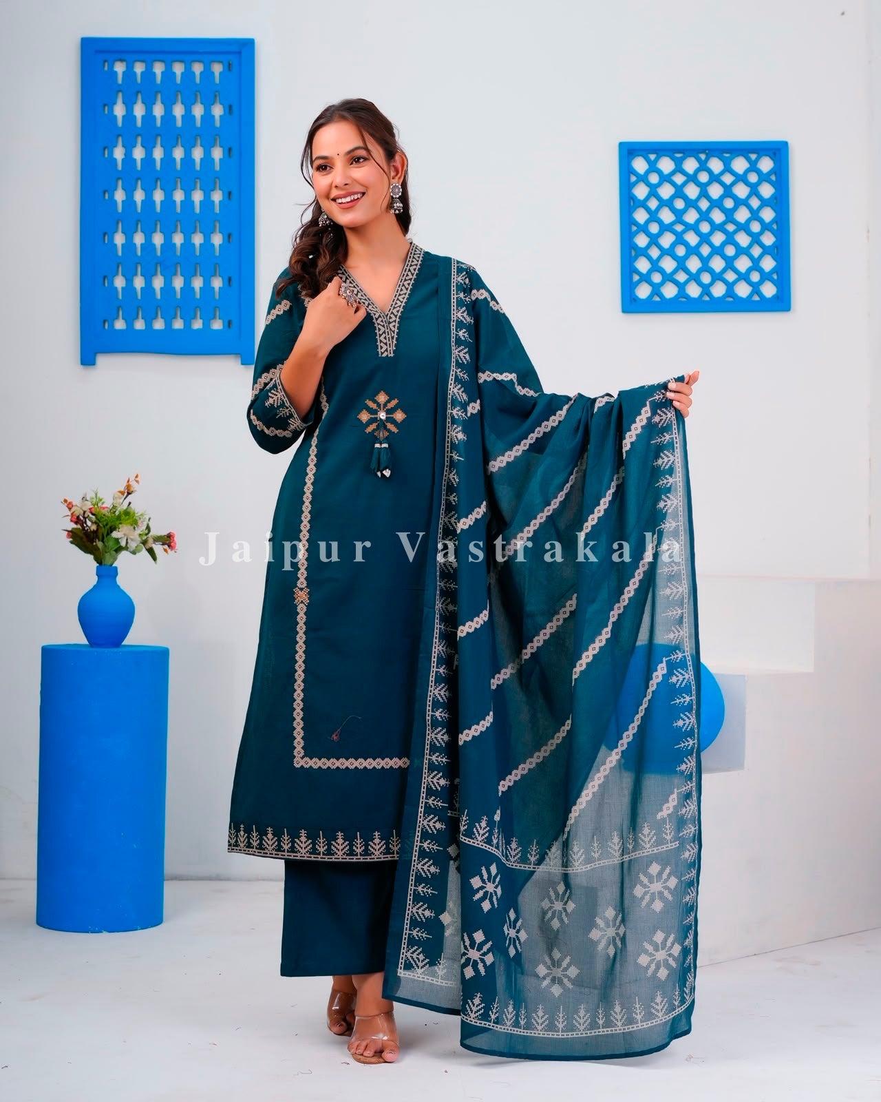 Blue Embroidery Flex Cotton Dupatta Set