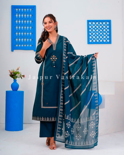 Blue Embroidery Flex Cotton Dupatta Set