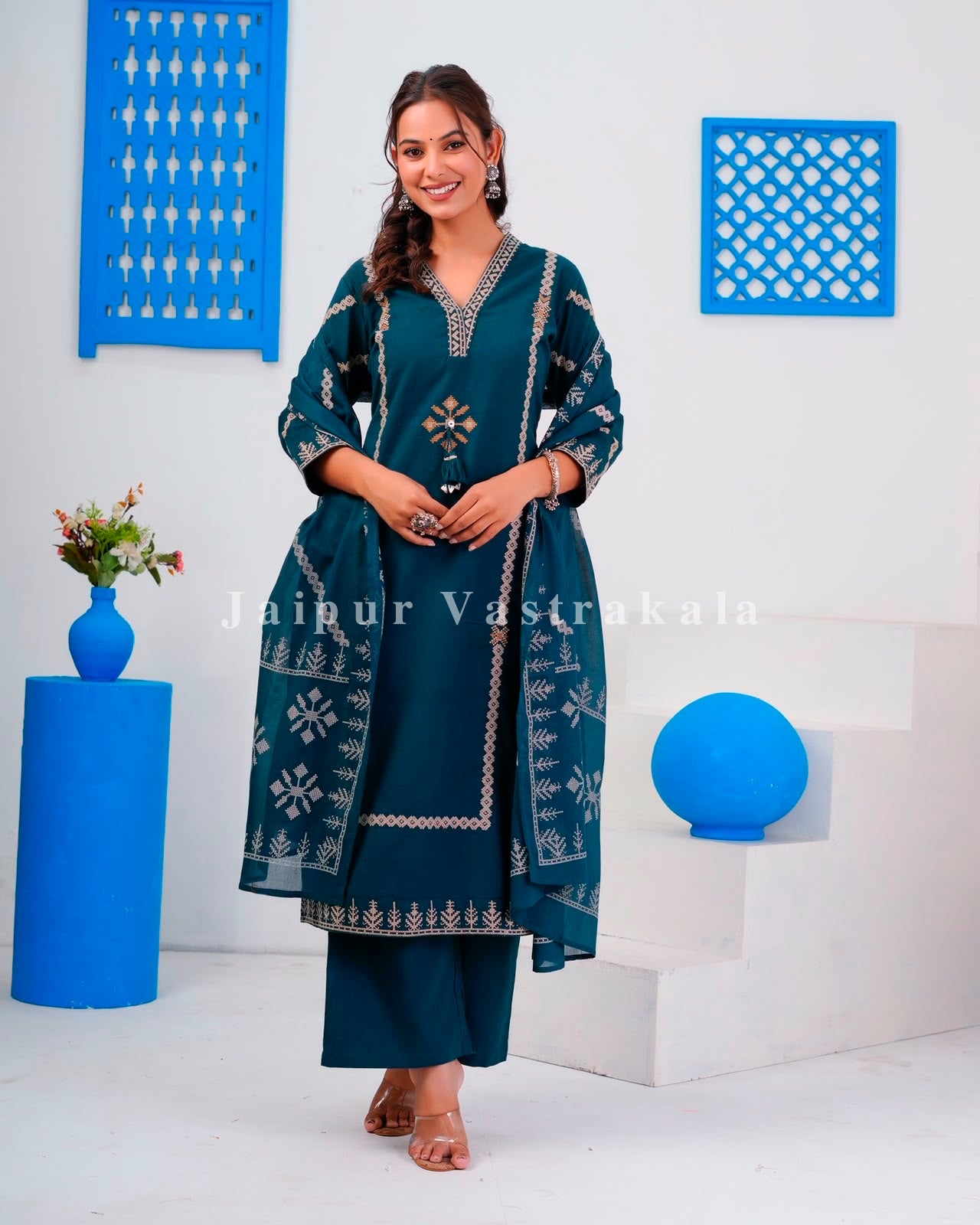 Blue Embroidery Flex Cotton Dupatta Set