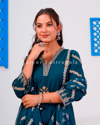 Blue Embroidery Flex Cotton Dupatta Set