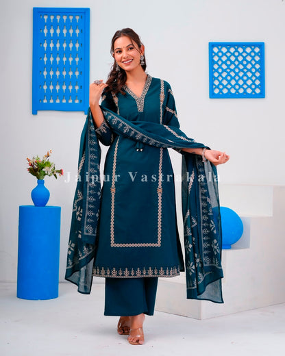 Blue Embroidery Flex Cotton Dupatta Set