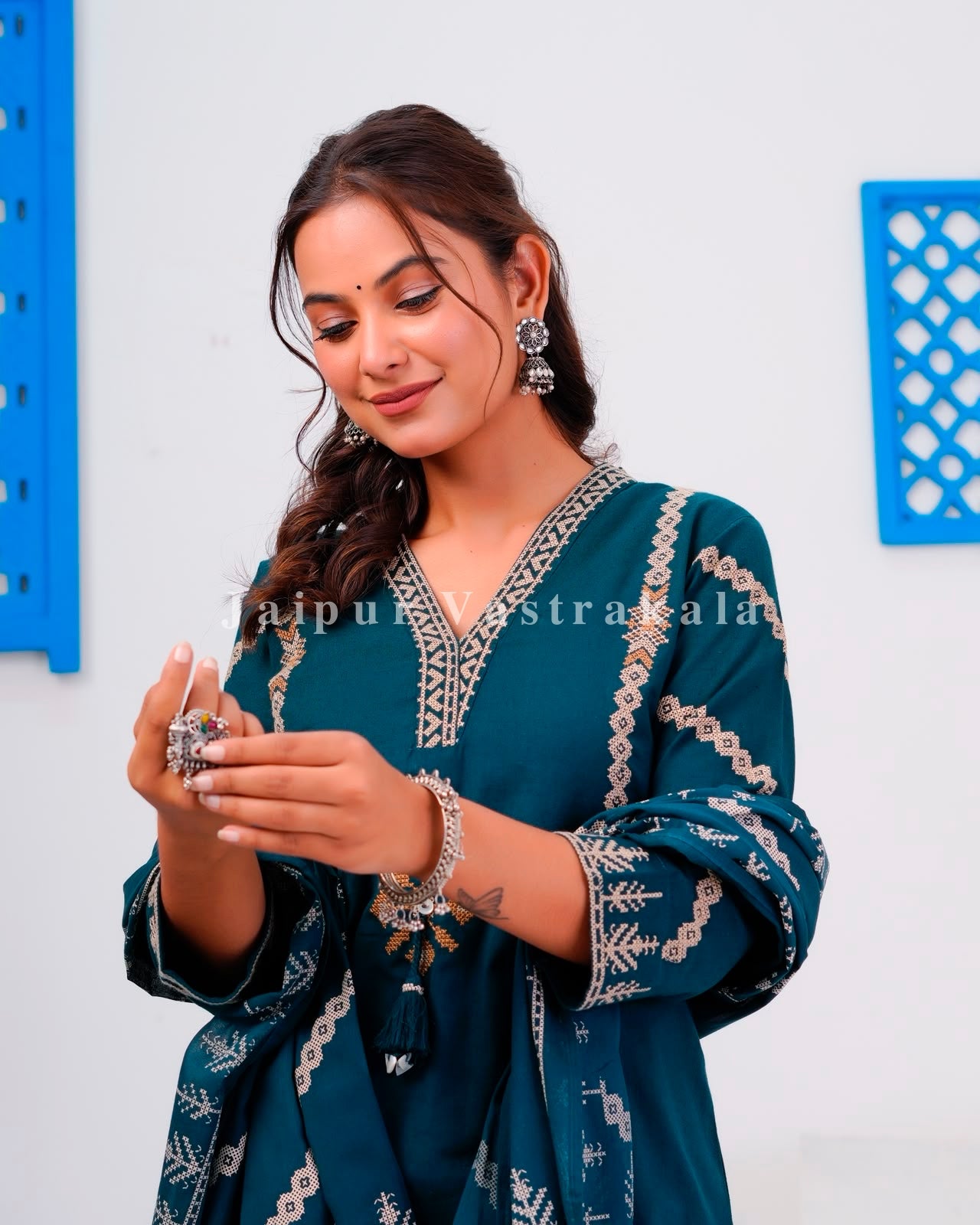 Blue Embroidery Flex Cotton Dupatta Set