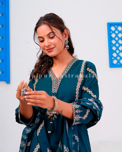 Blue Embroidery Flex Cotton Dupatta Set